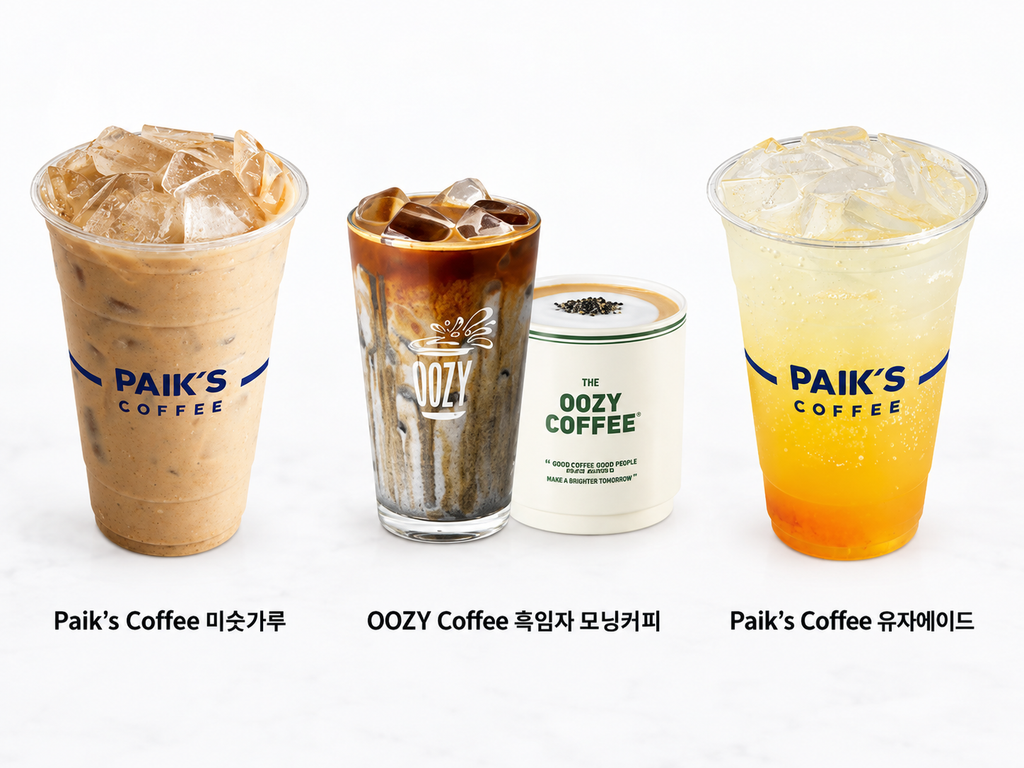 Paik’s Coffee misugaru and yuja ade alongside OOZY Coffee black sesame coffee