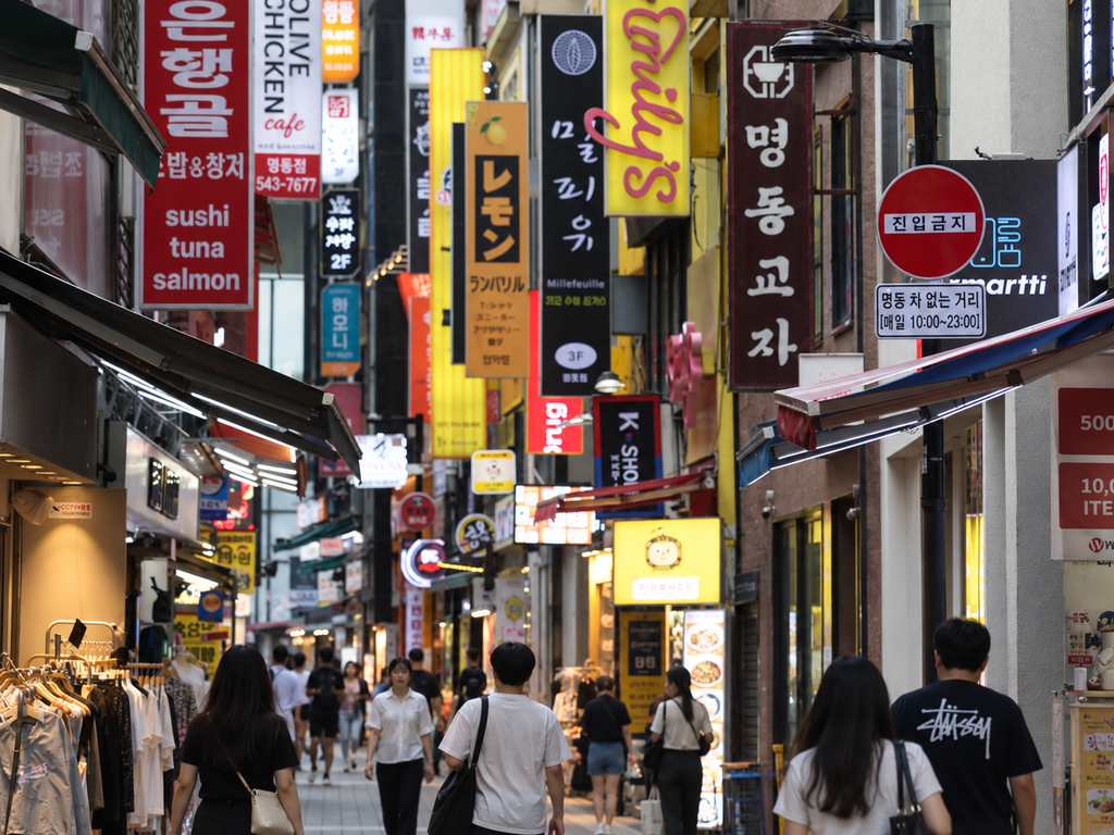 Busy shopping street in Myeongdong Seoul