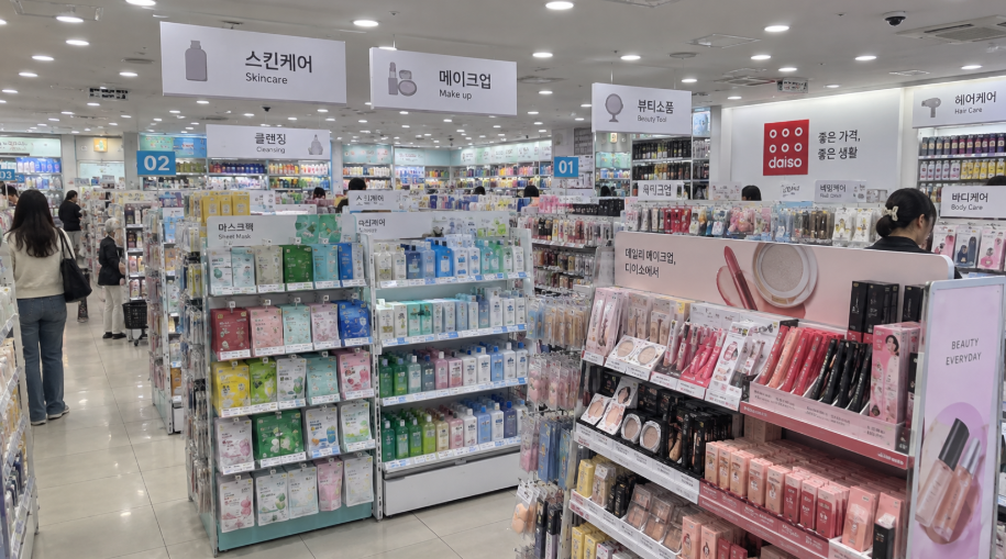 Daiso Korea skincare and beauty aisle with products under 5000 won
