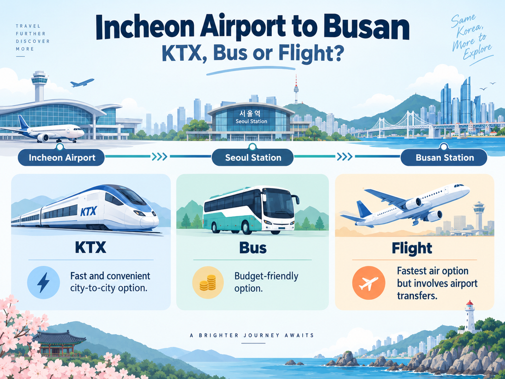 Incheon Airport to Busan transportation options by KTX bus and flight