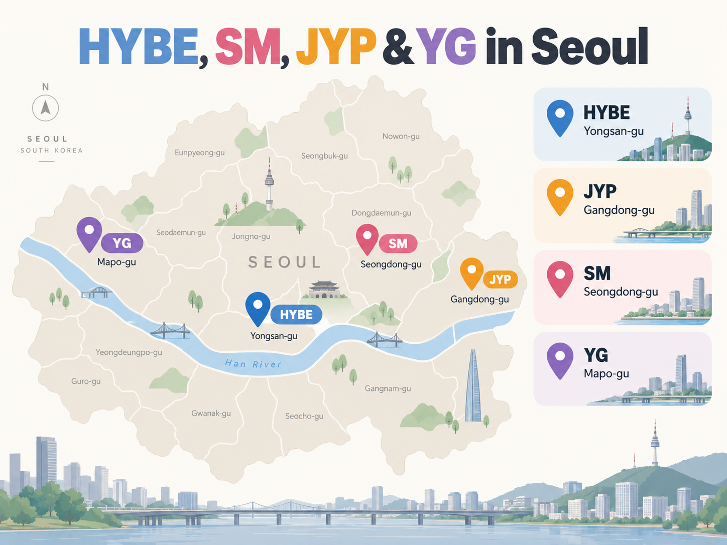 K-pop entertainment companies in Seoul including HYBE, SM, JYP and YG locations