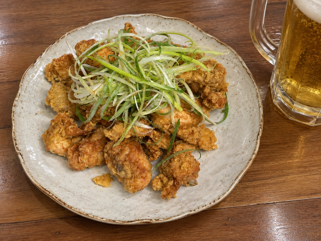 Korean padak fried chicken topped with thinly sliced green onions
