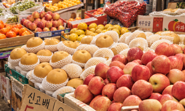 Korean seasonal fruits in September with pears, apples, and grapes