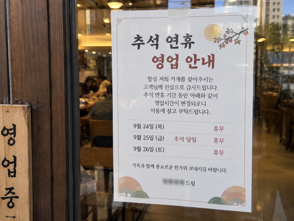 Korean restaurant notice showing changed hours for Chuseok