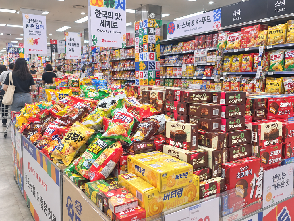 Korean snack display at Lotte Mart with chips, butter cookies, Market O brownies and Choco Pies