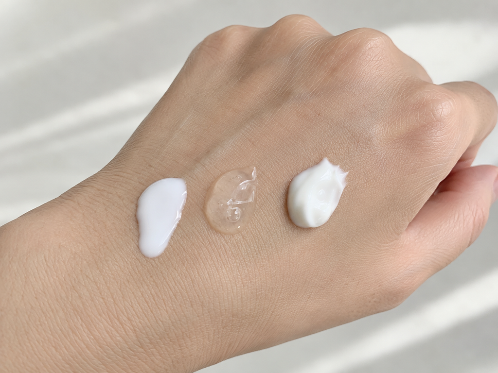 Lotion, gel-cream, and cream sunscreen textures shown side by side