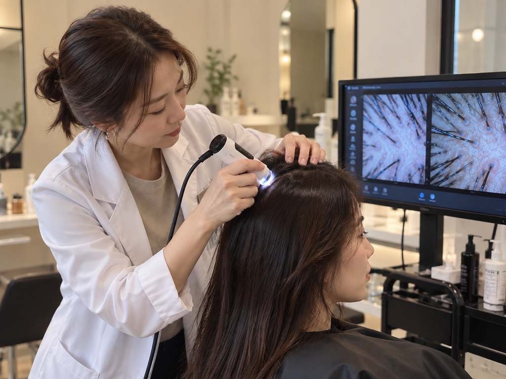 Magnifying scalp camera used for a cosmetic consultation at a Seoul salon