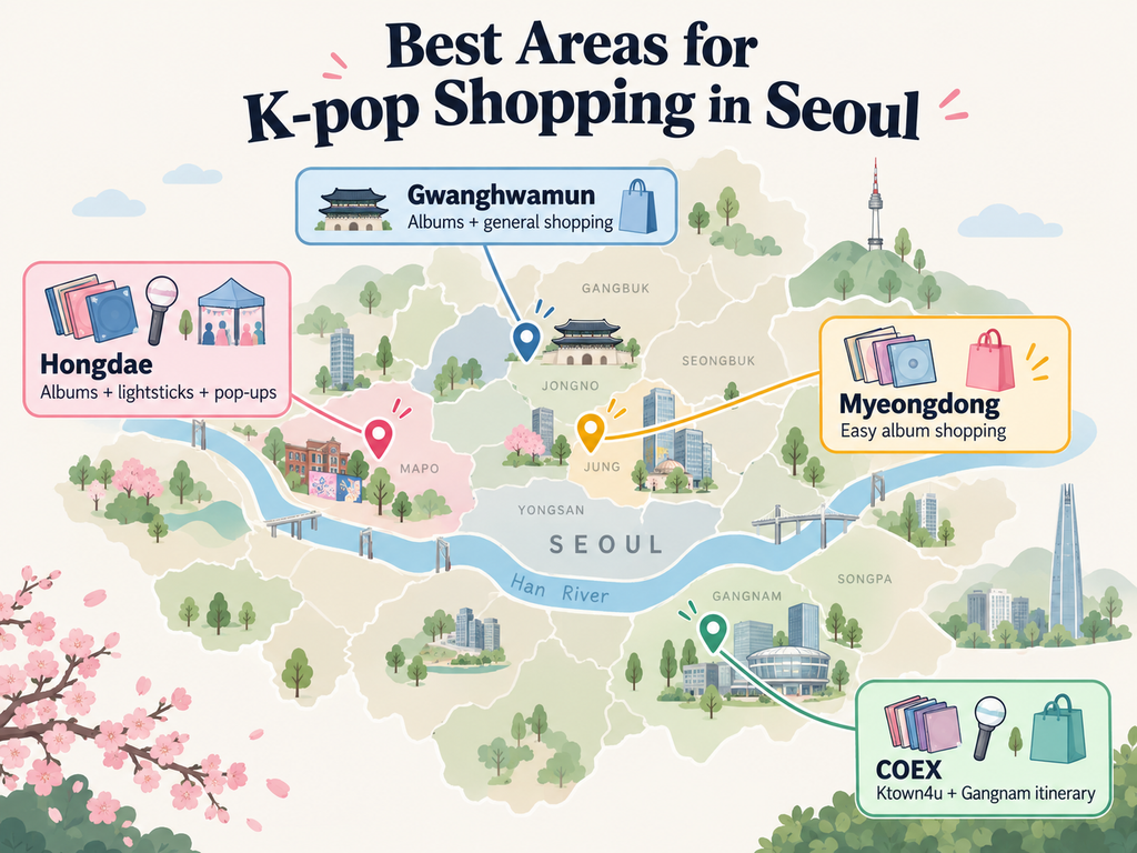 Map of K-pop shopping areas in Seoul including Myeongdong Hongdae Gwanghwamun and COEX