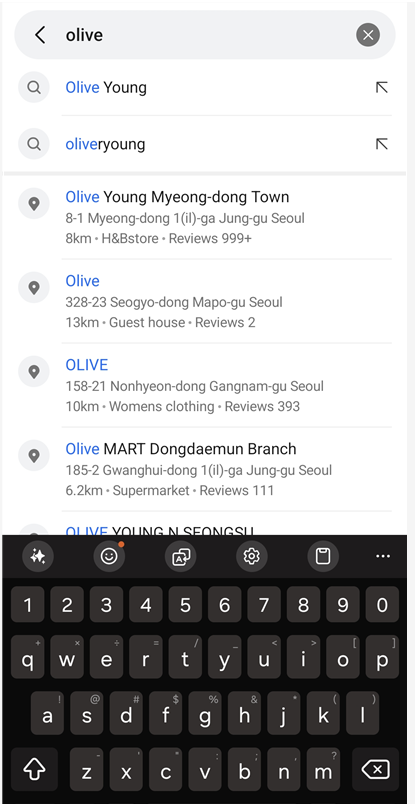 Searching for Olive young Myeongdong on Naver Map