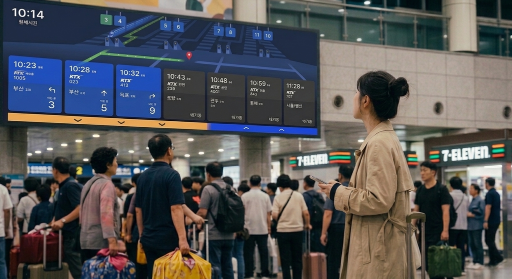 Traveler checking train information at Seoul Station during Chuseok 2026