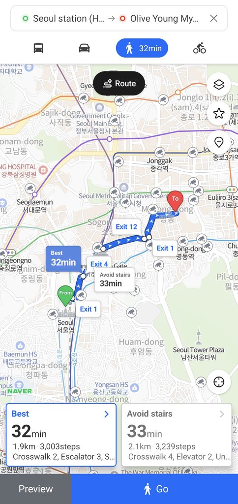 Using Naver Map for walking directions in Korea