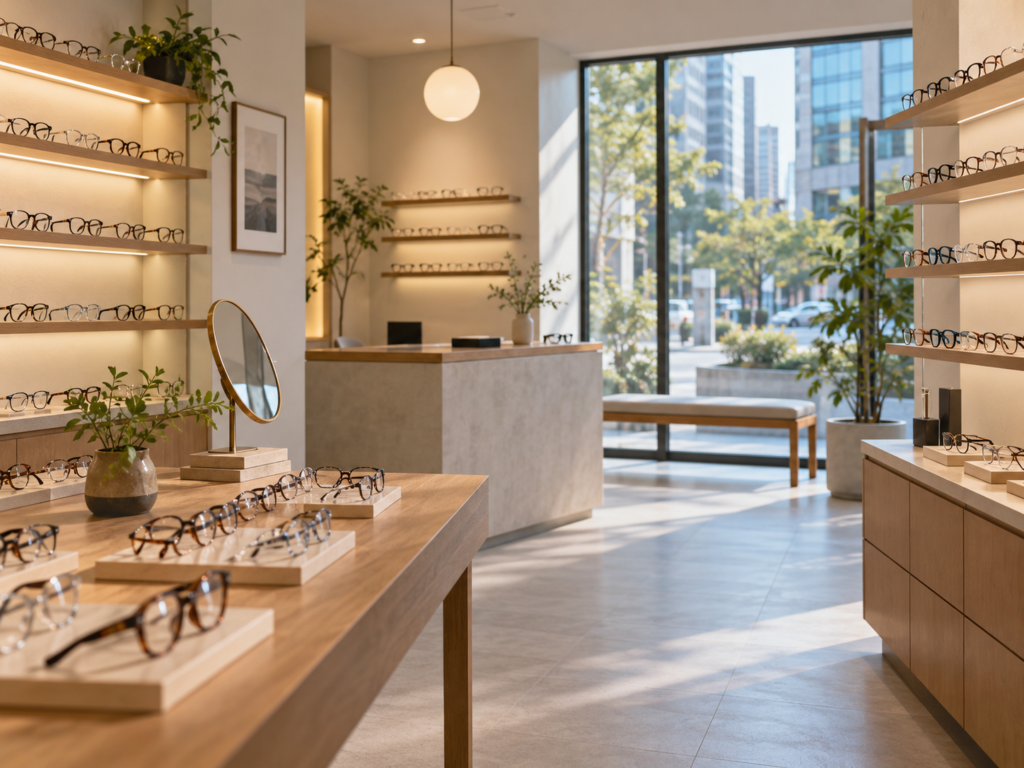 Illustrative optical shop interior for getting glasses in Seoul, with eyeglass frames on display
