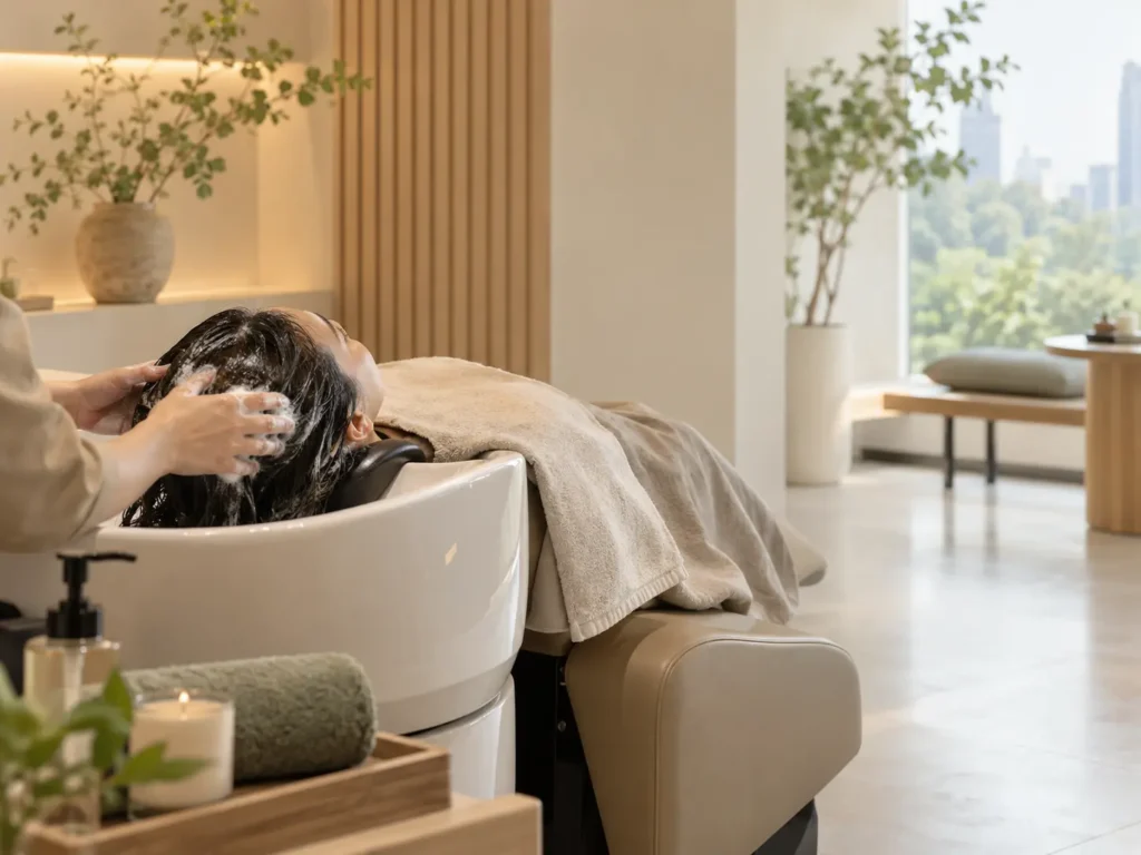 Korean head spa Seoul treatment room prepared for a scalp-cleansing and massage session