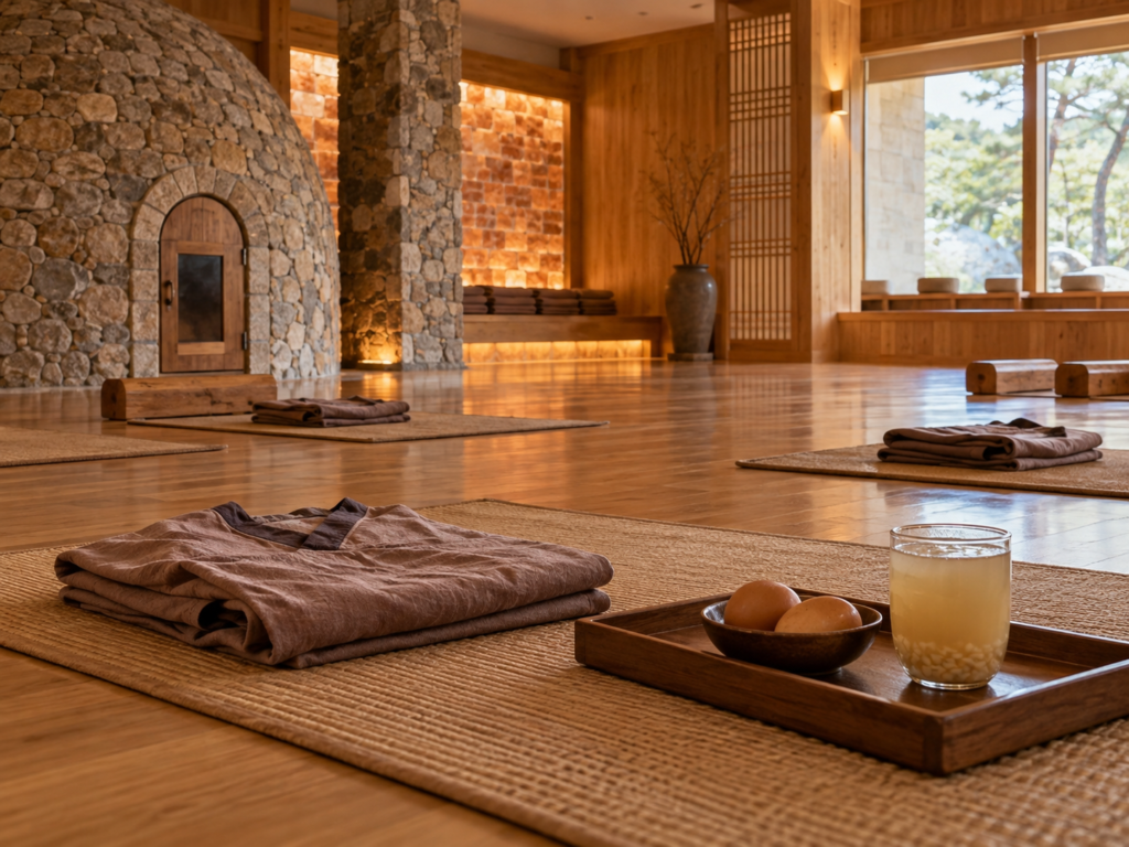 Jjimjilbang vs spa illustration showing a Korean heated room and shared relaxation area