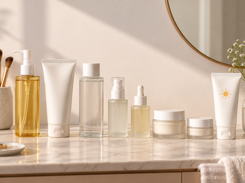 A realistic Korean skincare routine 2026 arranged from evening cleansing to morning sunscreen