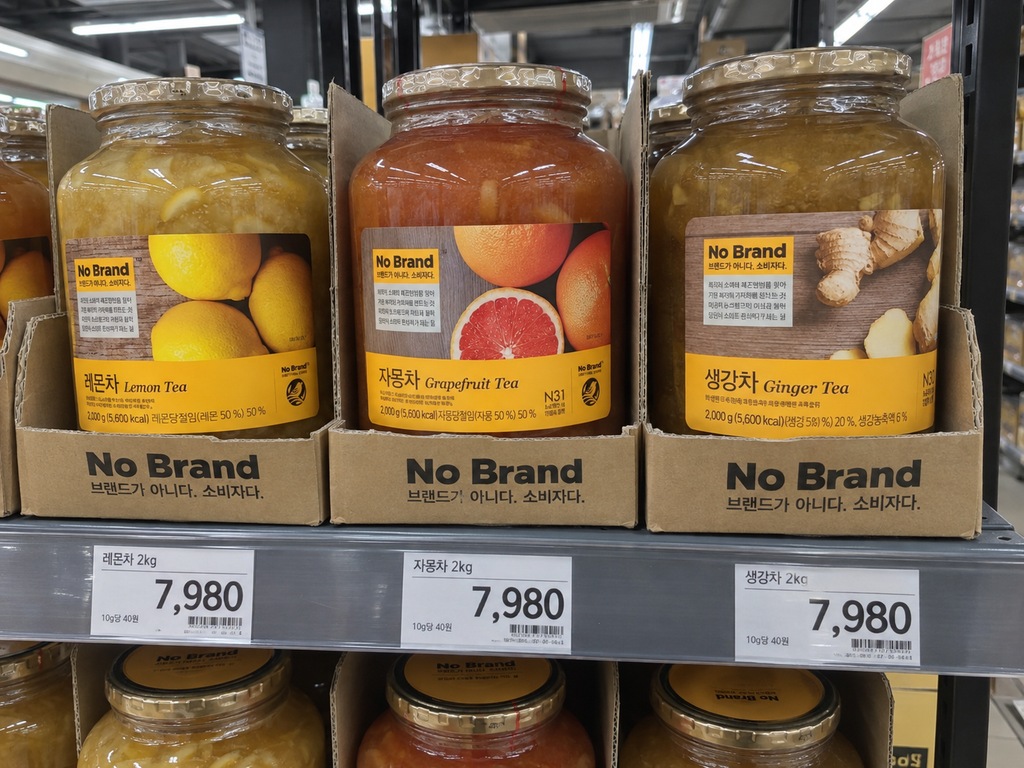Korean supermarket shelf displaying maesil-cheong, yuja tea and ginger tea jars”
