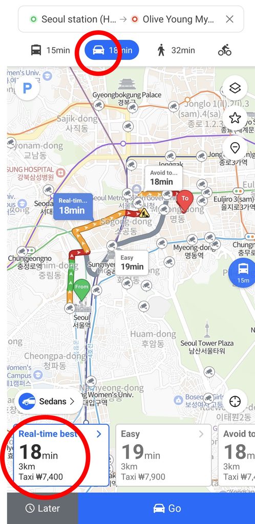 naver map car and taxi directions in korea