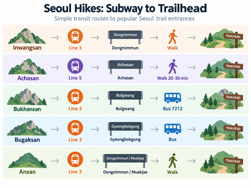 Subway and trailhead access for five easy hikes in Seoul