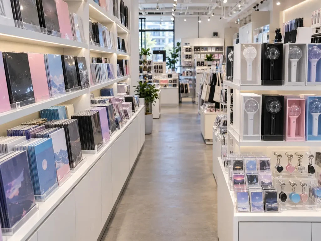A shop interior showing where to buy K-pop merch in Seoul, with albums and lightsticks