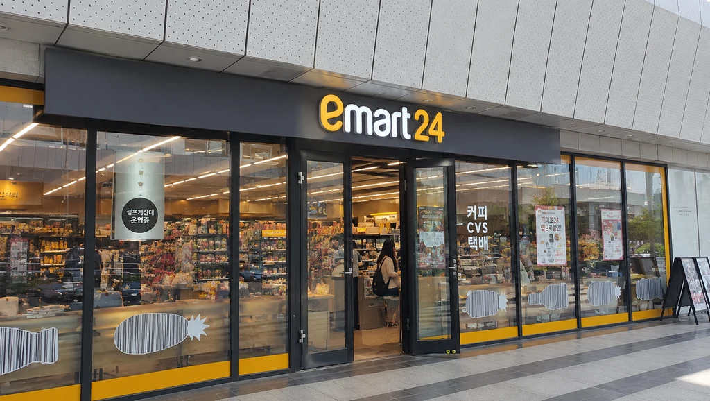 emart24 convenience store entrance with glass doors and illuminated signage